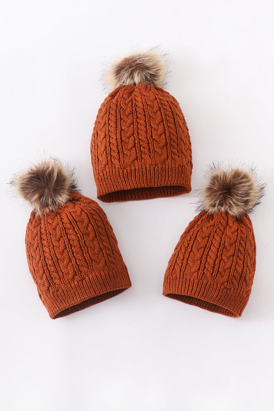 Rust Cable Knit Pom Pom Beanie Hat Baby Toddler Adult