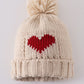 Cream Heart Knit Beanie Pom Pom Hat