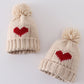 Cream Heart Knit Beanie Pom Pom Hat