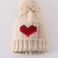 Cream Heart Knit Beanie Pom Pom Hat