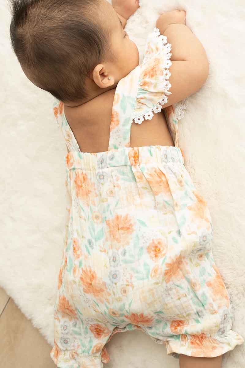 Premium Floral Muslin Leaves Ruffle Romper