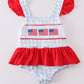 Patriotic Plaid Flag Embroidery One-Piece Girl Swimsuit