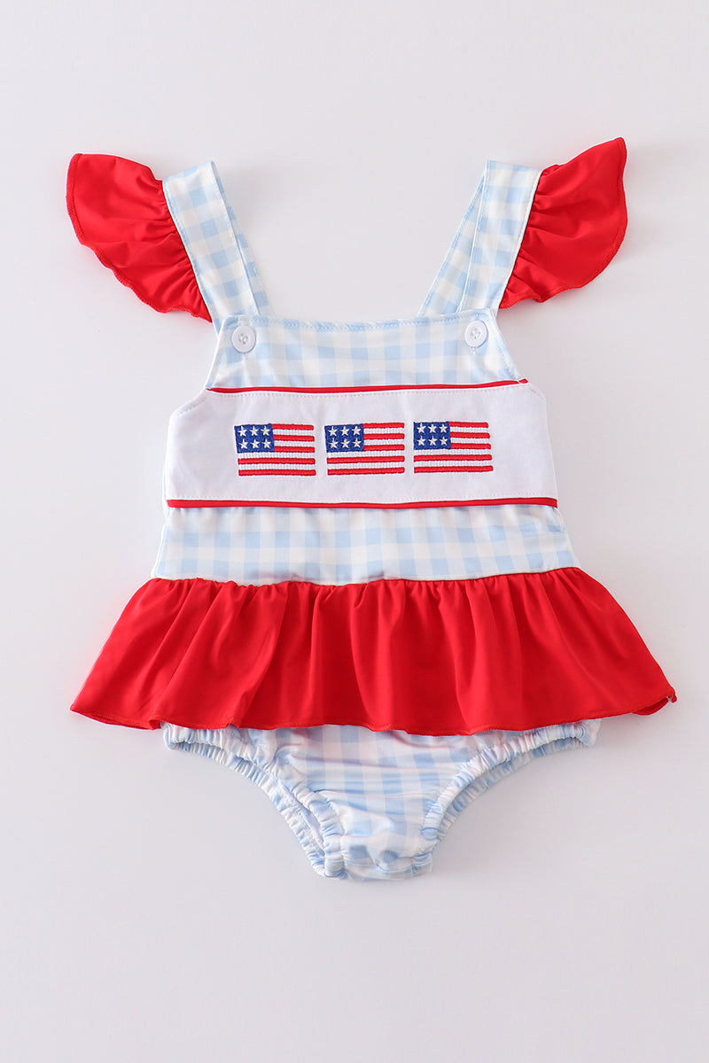 Patriotic Plaid Flag Embroidery One-Piece Girl Swimsuit