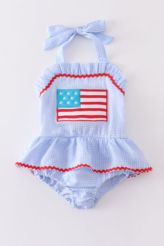 Seersucker Patriotic Flag Applique One-Piece Girl Swimsuit