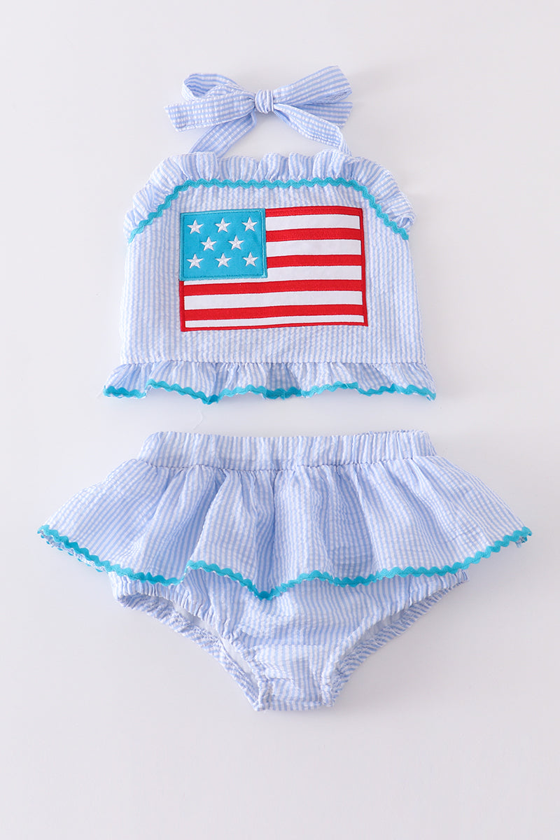 Blue Patriotic Flag Applique Seersucker 2Pc Girl Swimsuit