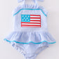 Blue Patriotic Flag Applique Seersucker One-Piece Girl Swimsuit