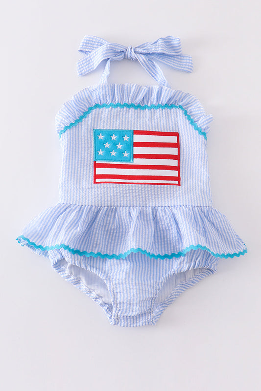 Blue Patriotic Flag Applique Seersucker One-Piece Girl Swimsuit