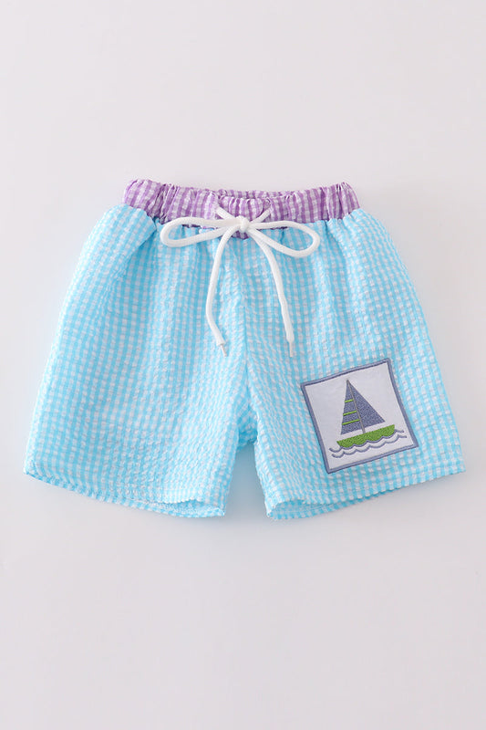 Green Seersucker Sailboat Embroidery Boy Swim Trunks