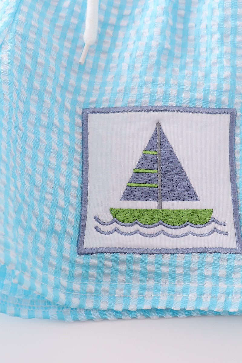 Green Seersucker Sailboat Embroidery Boy Swim Trunks