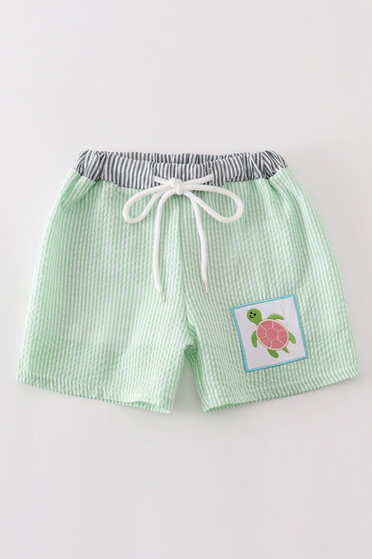 Green Seersucker Turtle Embroidery Boy Swim Trunks