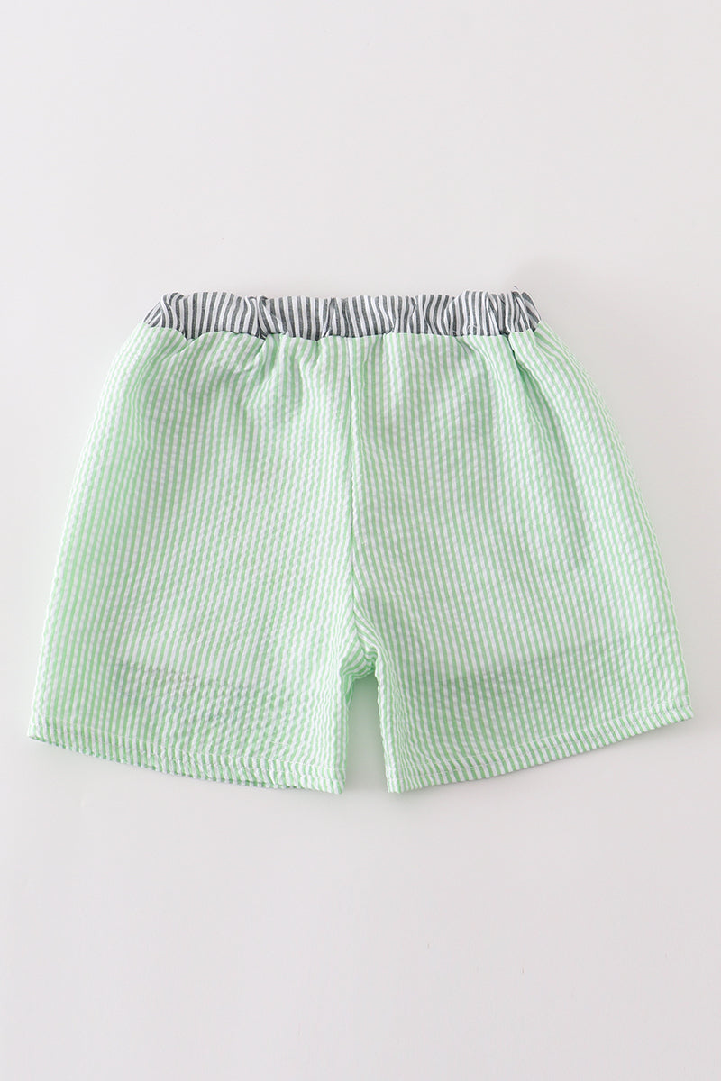 Green Seersucker Turtle Embroidery Boy Swim Trunks