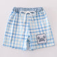 Blue Plaid Crab Embroidery Boy Swim Trunks