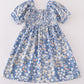 Blue Delicate Floral Smocked Girl Dress