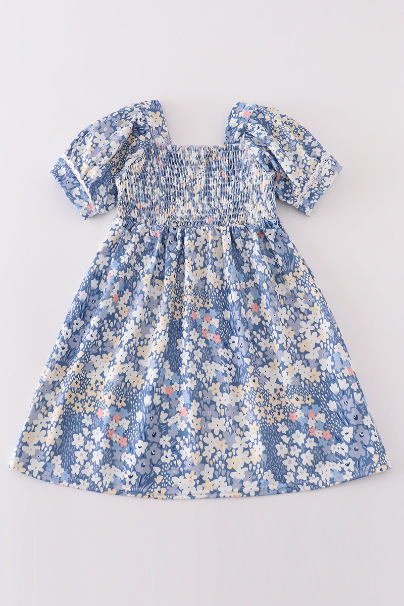 Blue Delicate Floral Smocked Girl Dress