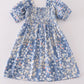 Blue Delicate Floral Smocked Girl Dress