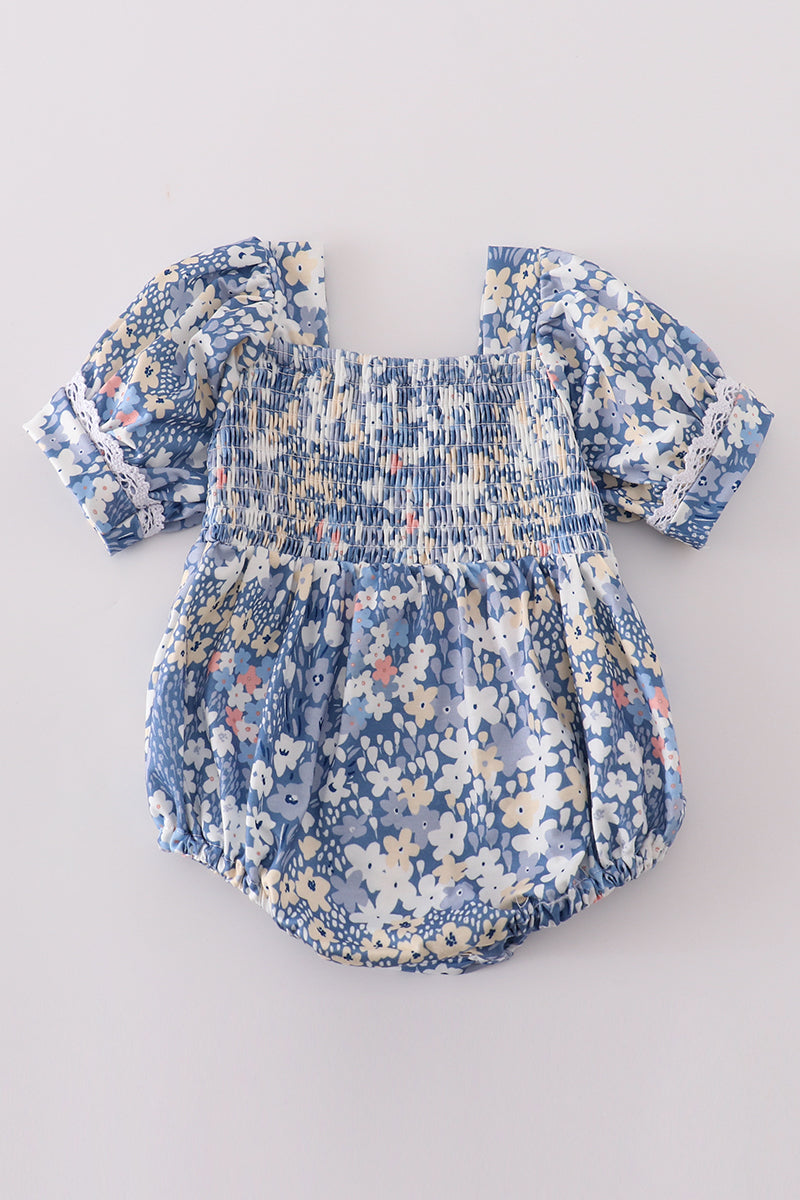 Blue Delicate Floral Smocked Girl Bubble