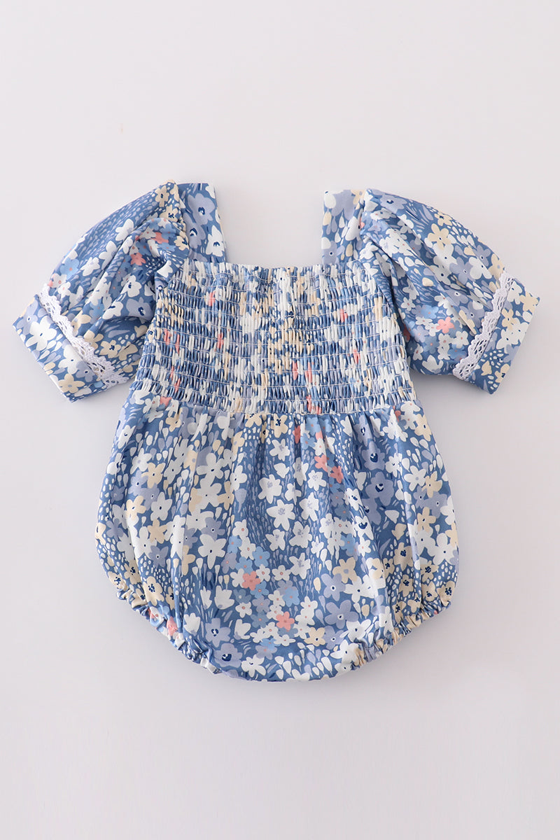 Blue Delicate Floral Smocked Girl Bubble