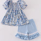 Blue Delicate Floral Smocked Girl Set