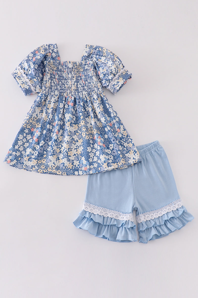 Blue Delicate Floral Smocked Girl Set