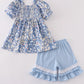 Blue Delicate Floral Smocked Girl Set