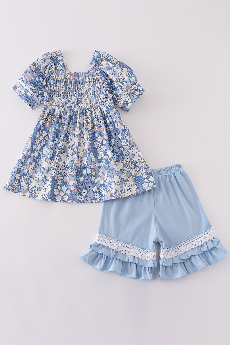 Blue Delicate Floral Smocked Girl Set