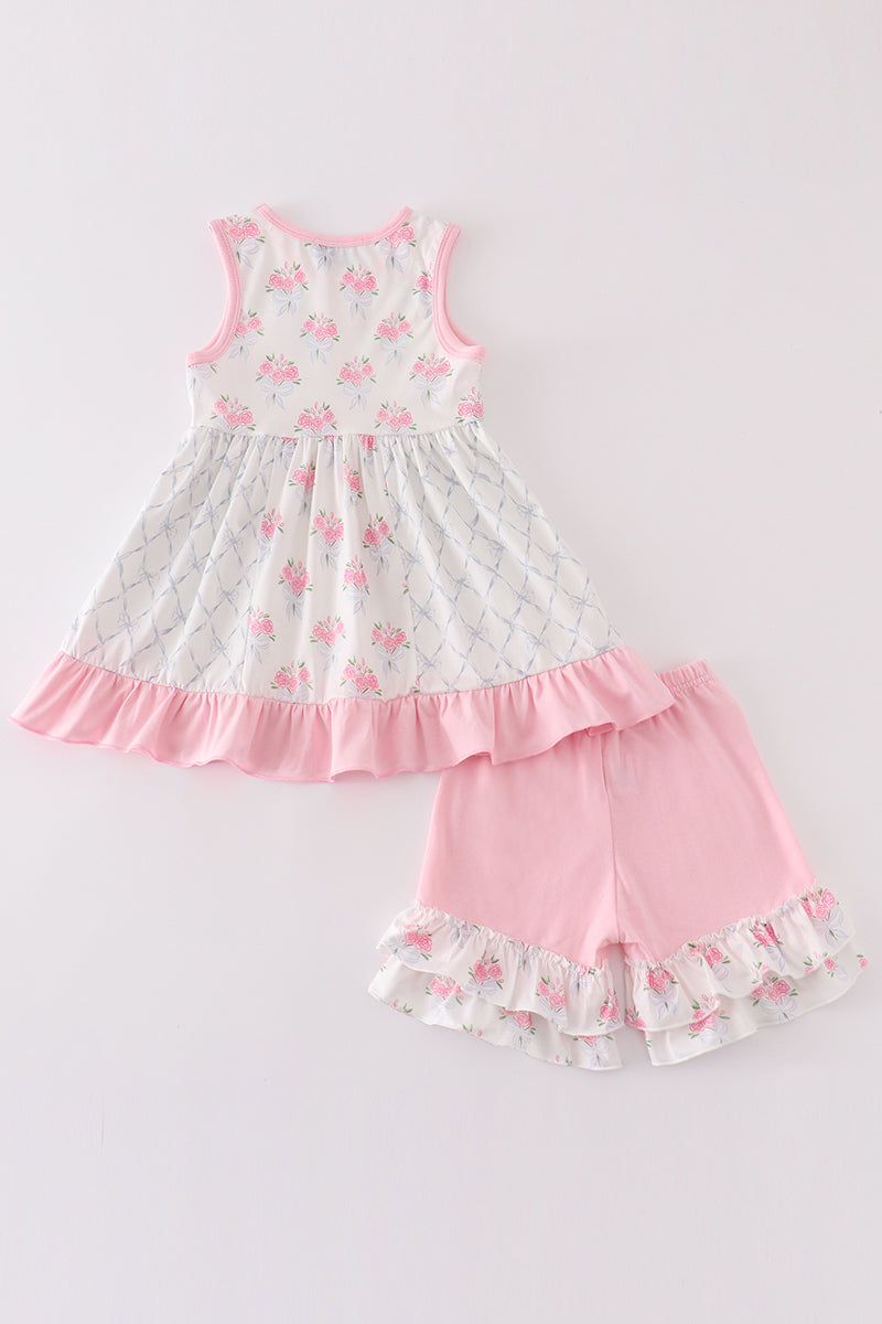 Pink Floral Bow Tie Print Girl Set