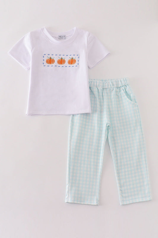 Blue Plaid Pumpkin Embroidery Boy Set