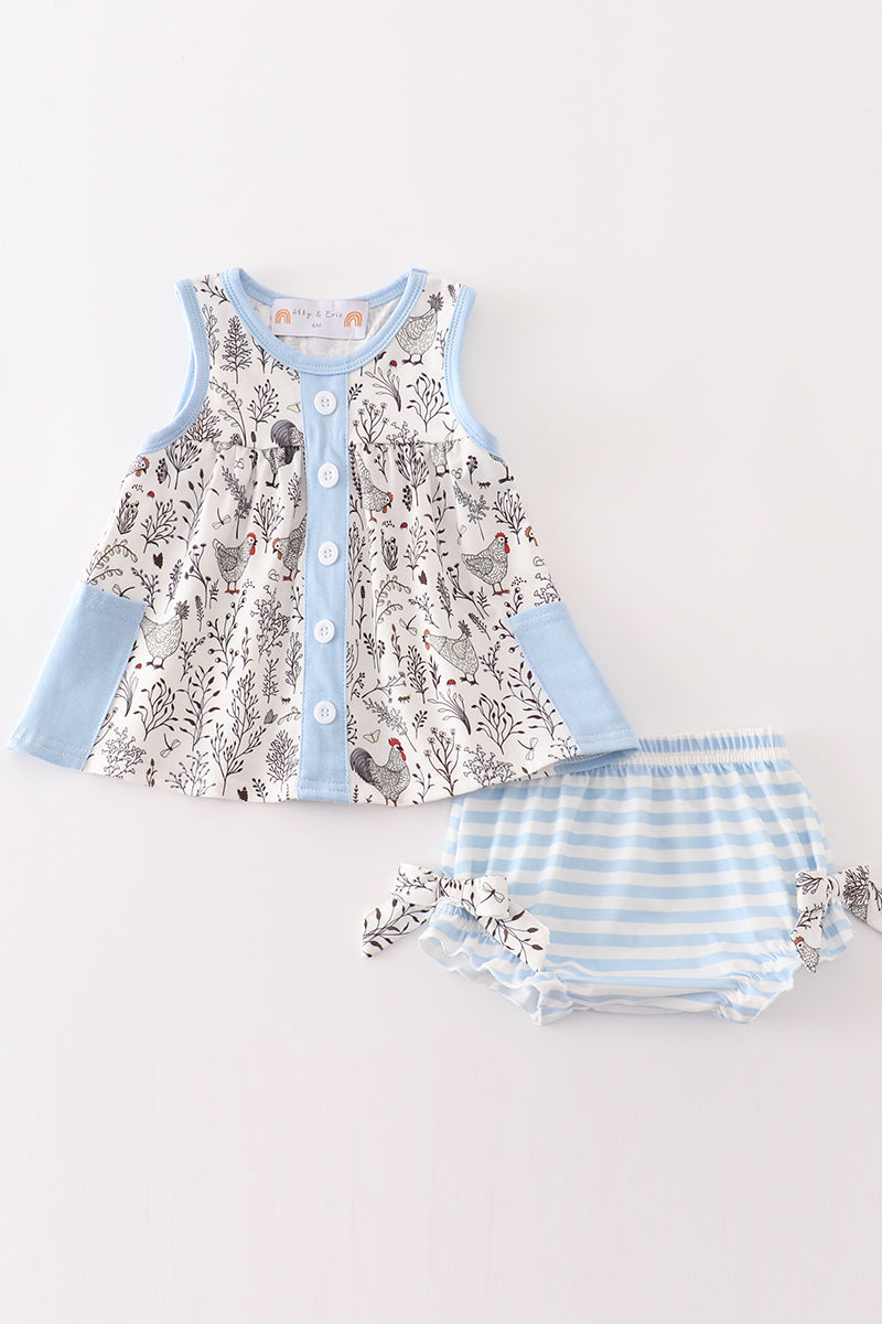 Blue Stripe Chicken Print Baby Set