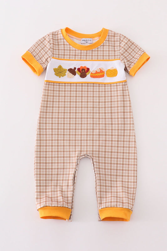 Brown Plaid Turkey French Knot Boy Romper