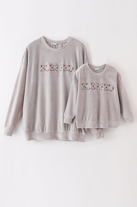 Grey Velvet Blessed Embroidery Mom&Me Sweatshirt