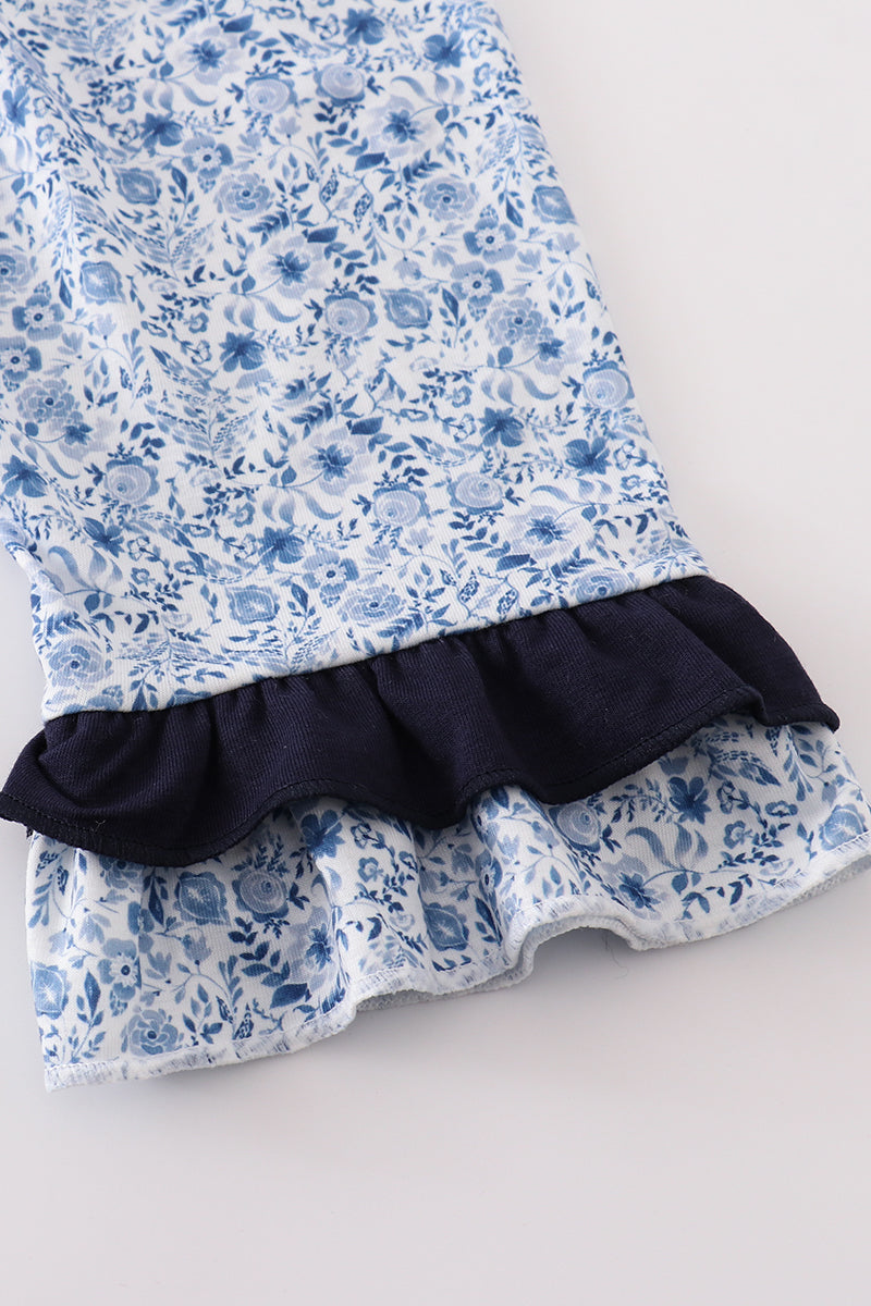 Blue Floral Print Tiered Mom Ruffle Dress