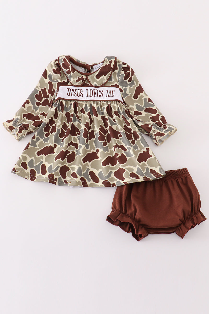 Camouflage Jesus Loves Me Embroidery Girl Bloomer Set