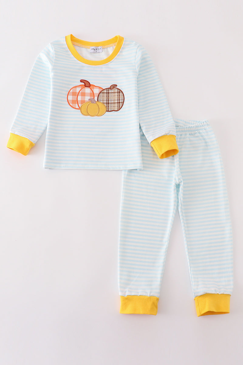 Blue Stripe Pumpkin Applique Boy Set