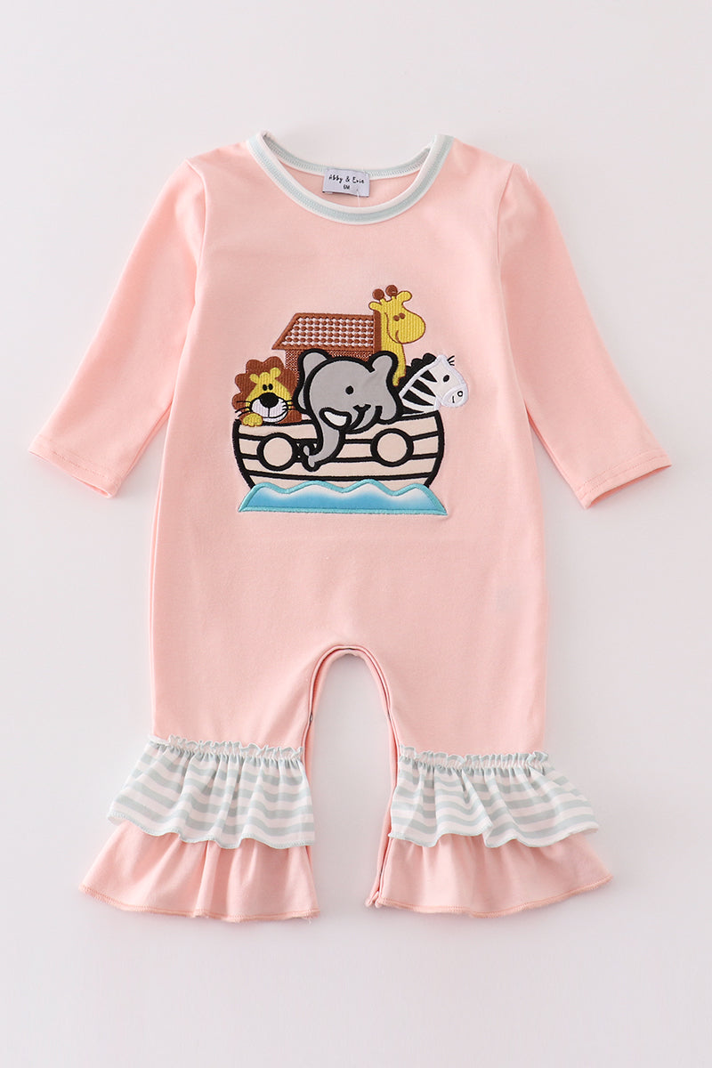 Pink Noah'S Ark Embroidery Stripe Girl Romper