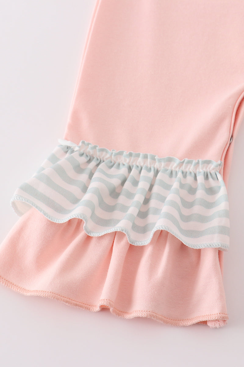 Pink Noah'S Ark Embroidery Stripe Girl Romper