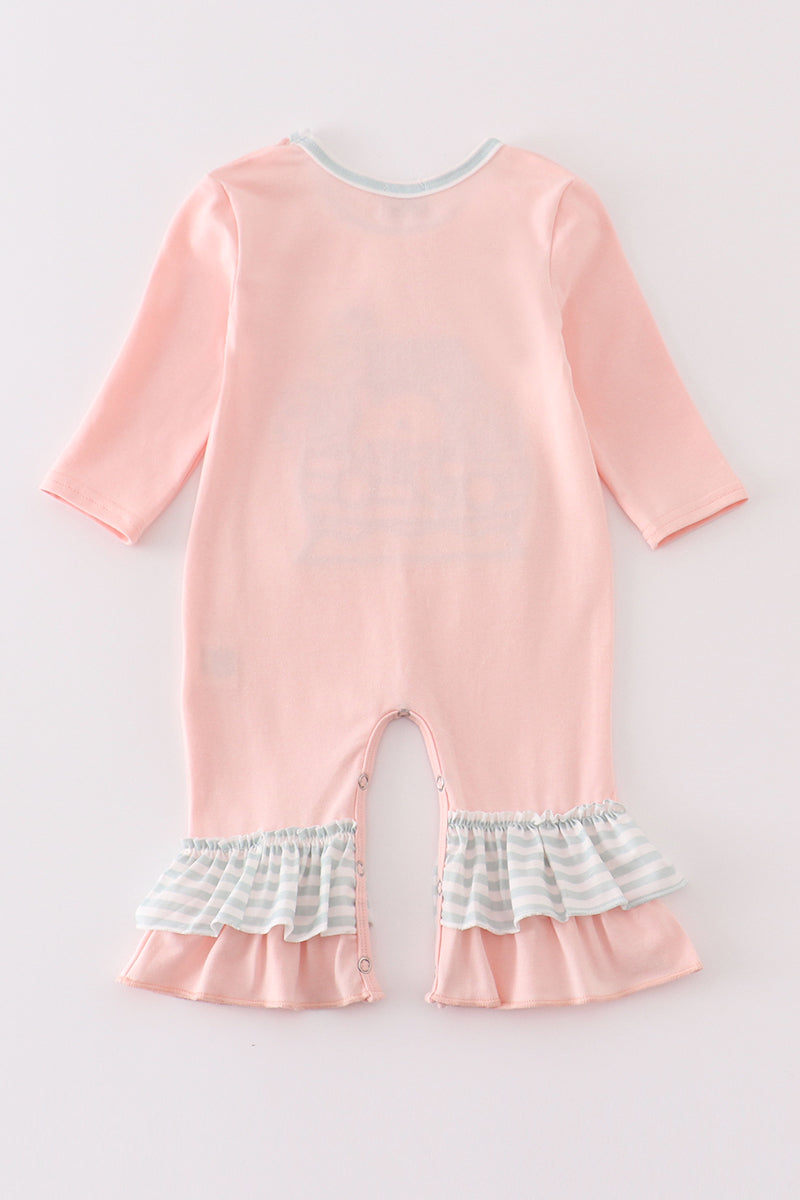 Pink Noah'S Ark Embroidery Stripe Girl Romper