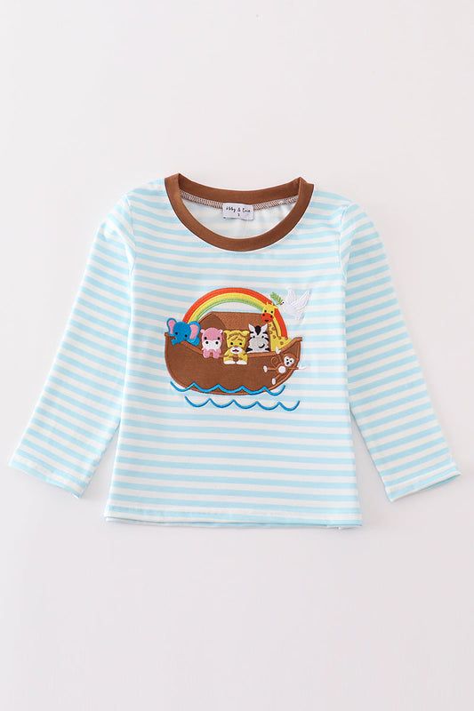 Blue Stripe Noah's Ark Animal Applique Boy Top