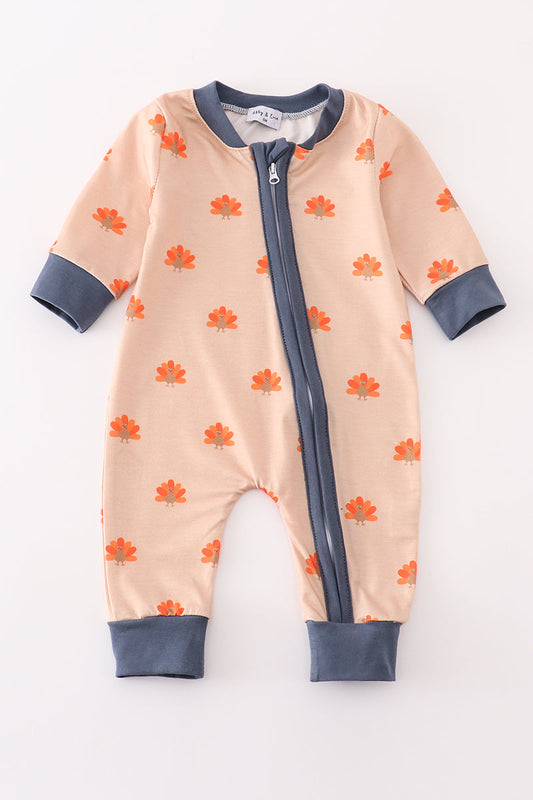 Khaki Turkey Print Zip Boy Romper