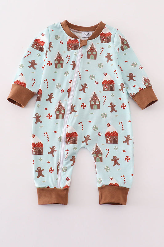 Blue Christmas Gingerbread Boy Zip Romper