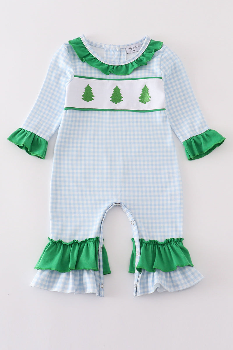 Green Christmas Tree Embroidery Girl Romper