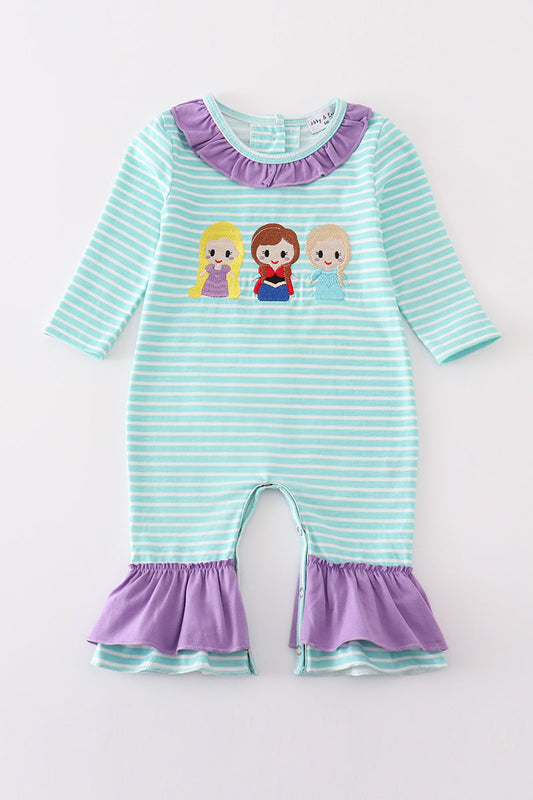 Green Stripe Princess Embroidery Girl Romper