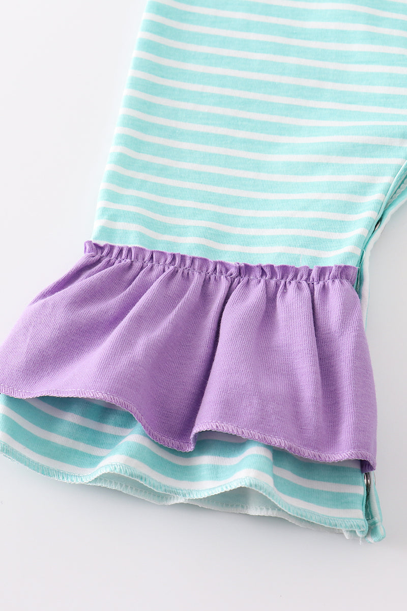 Green Stripe Princess Embroidery Girl Romper