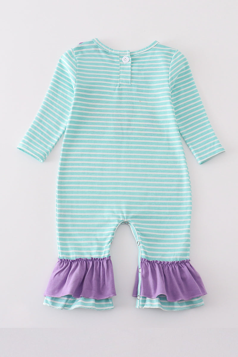 Green Stripe Princess Embroidery Girl Romper