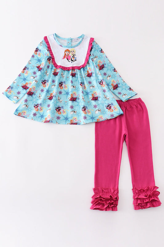 Blue Princess Embroidery Ruffle Girl Set