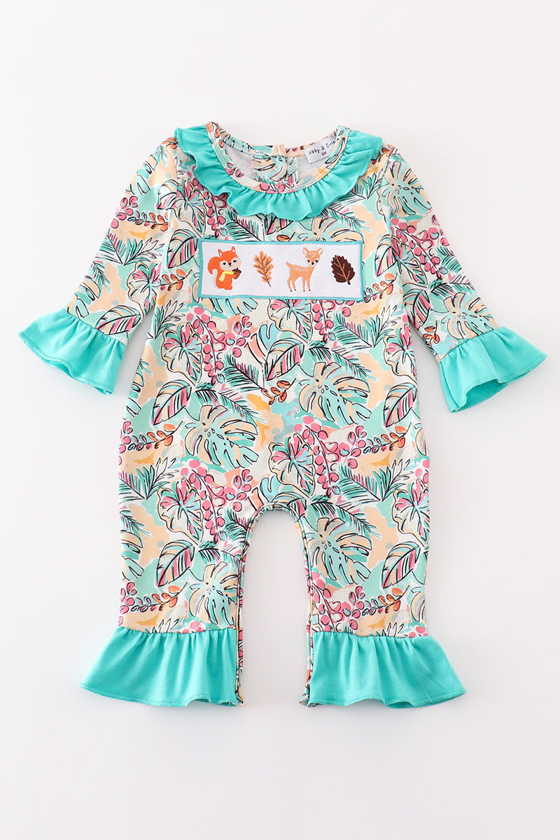 Teal Floral Print Forest Animal Embroidery Girl Romper