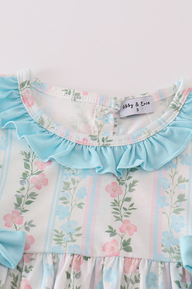 Blue Floral Print Ruffle Girl Set