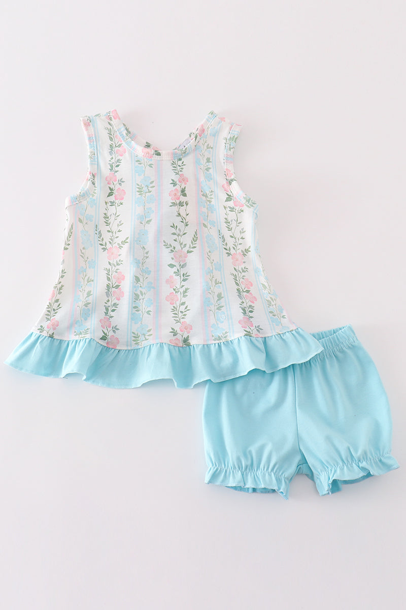 Blue Floral Print Ruffle Girl Bloomer Set