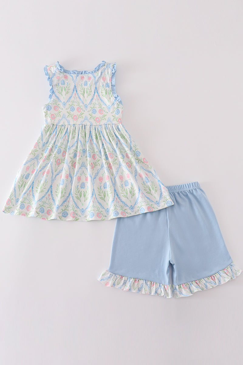 Pink Blue Floral Print Girl Set