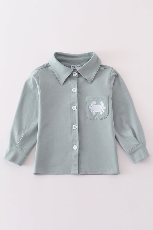 Blue Crab Embroidery Boy Button Down Shirt