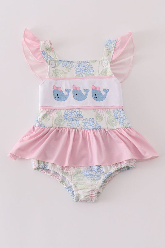 Pink Blossom Serenity Whale Embroidery Girl Swimsuit